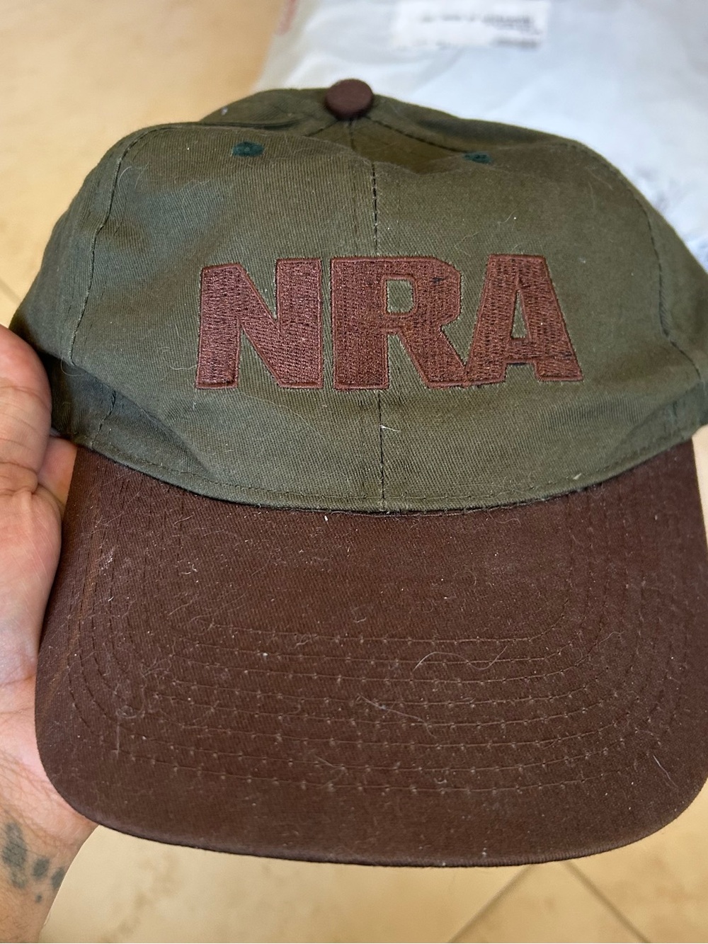 NRA Embroidered Two-Tone Cotton Cap - Olive Green & Brown #93